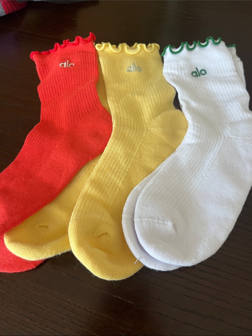 NWOT ALO Yoga Ruffle Crew Socks in Red, Yellow, and White